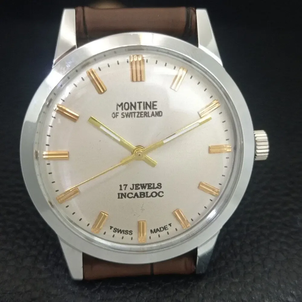 Vintage 1979 Montine Of Switzerland Manual Mens Silver Watch W/Leather Strap